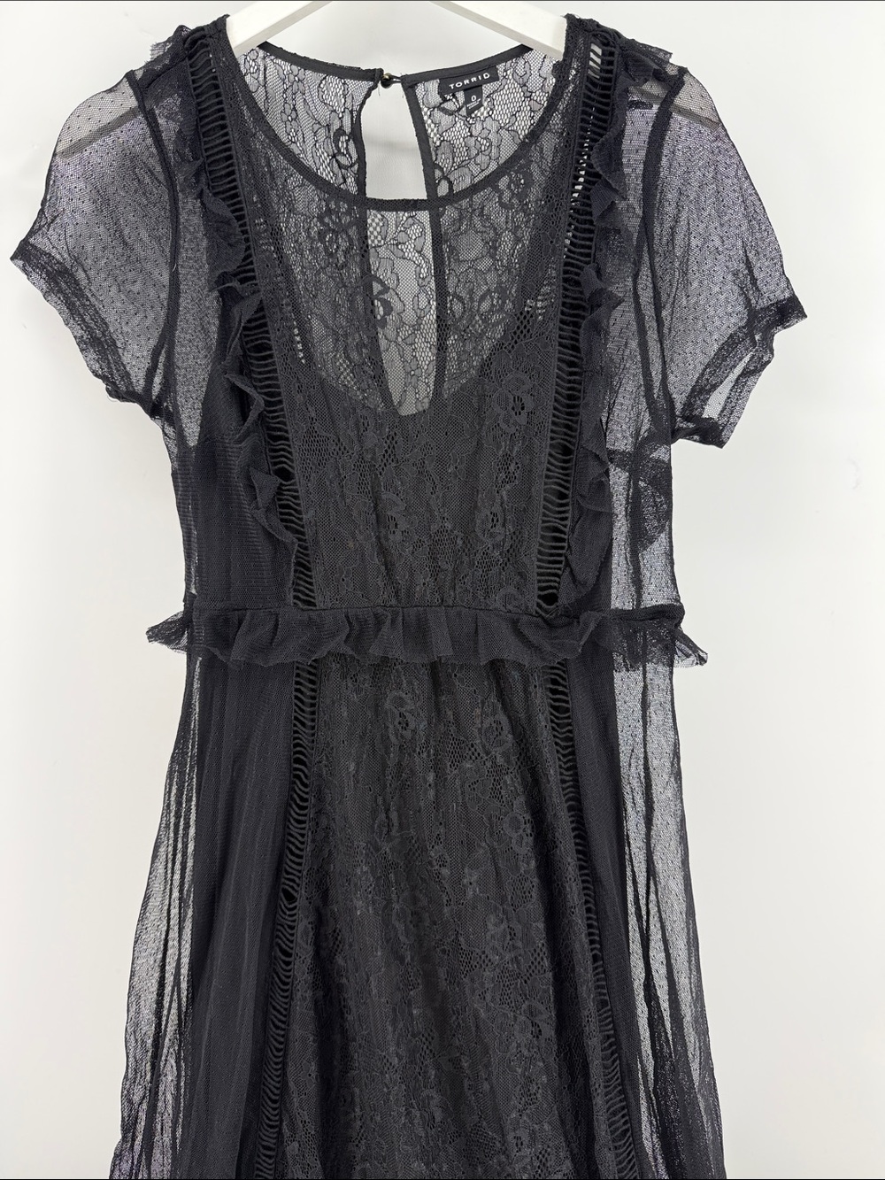 Torrid Black Lace & Sheer Ruffle Midi Dress